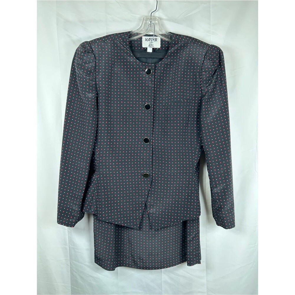Kasper ASL Vintage Polka Dot Skirt Suit Size 14 Black Red Career Boss Lady